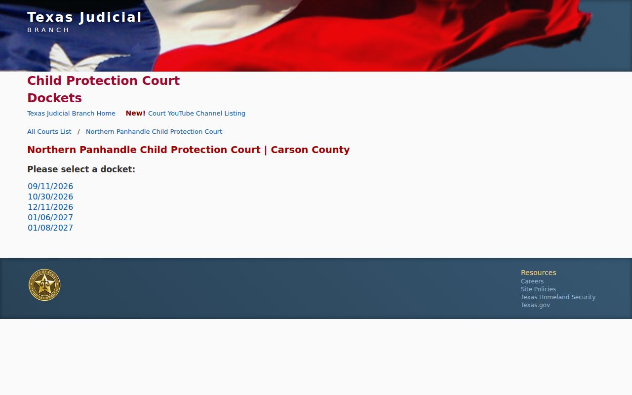 Carson County court calendar specialty docket date selector