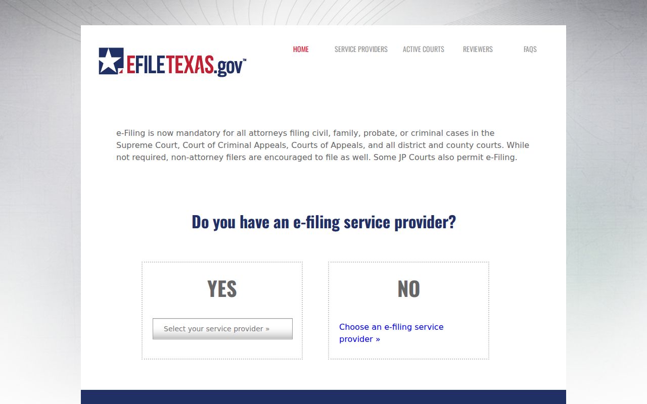 Official eFileTexas information page used for Carson County court filings