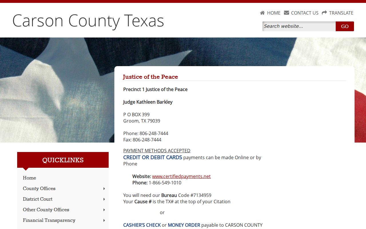 Carson County traffic court records and JP1 payment instructions